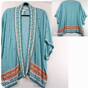 Matilda Jane Women's Floral Kimono Open Front Top Aqua Orange XS/S Boho Oversize